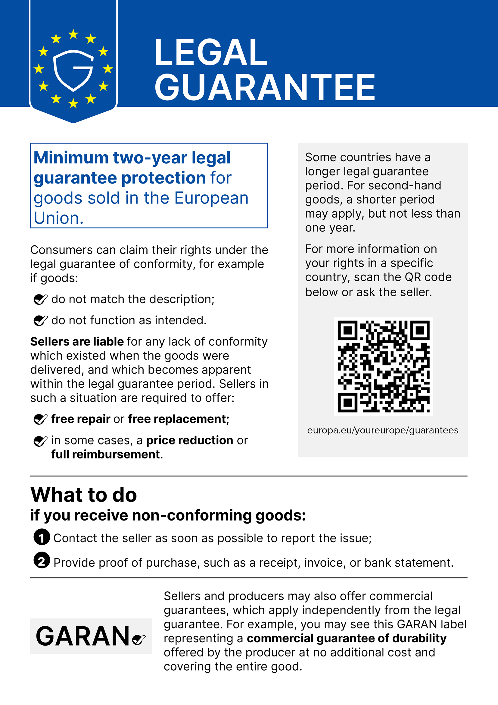 Rectangular graphic containing official information about the legal guarantee