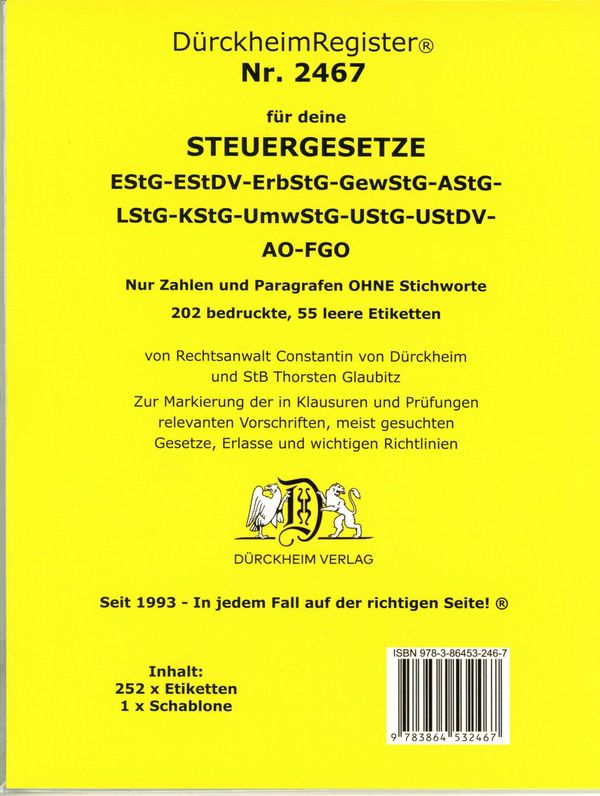 DürckheimRegister STEUERGESETZE Zahlen und §§ (Buch)