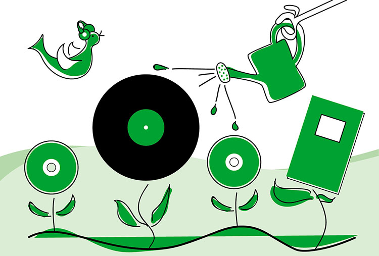 Gutscheinmotiv Abstrakte Grafik, Gießkanne wässert Pflanzen mit Vinyl, CD und Buchblüten